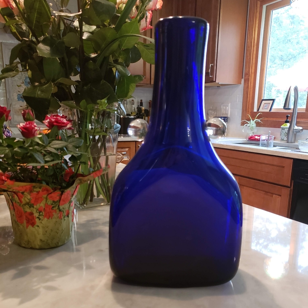 Contemporary Cobalt Blue Art Glass Vase with clear glass accent